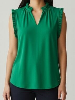 Tahari Womens Emerald Green Ruffle Trim Sleeveless Blouse -M